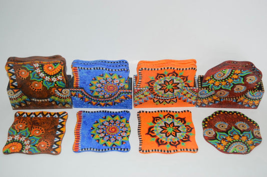 Hand Painted Coaster Set of 6 with Holder